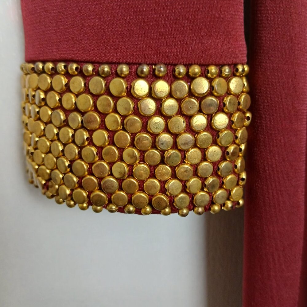 Elegant Burgundy Gold Studded High Neck Bodycon Midi Dress Sz M - Picture 5 of 14